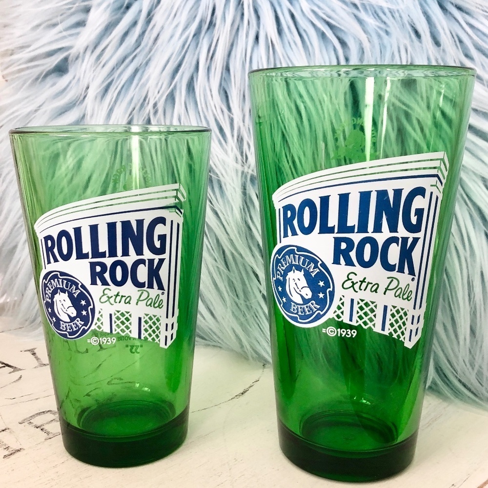 Rolling Rock, Beer Glasses Green Beer Glass, 17oz & 13oz Set of 2 Nice Condition